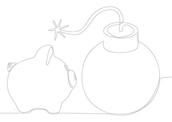 One continuous line of Piggy Bank and bomb. Thin Line Illustration vector concept. Contour Drawing Creative ideas.