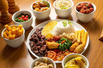 Feijoada (bean stew) - Brazilian Traditional Food (Dry Beef, Cabbage, Orange, Rice, Beans)