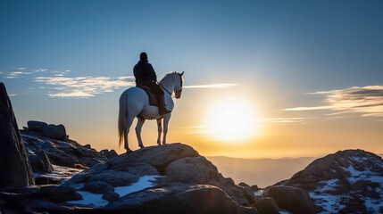 Minimalism illustration of Man on Horse at Snowy Mountain Peak Facing Sunset in Minimalist Style, generative AI