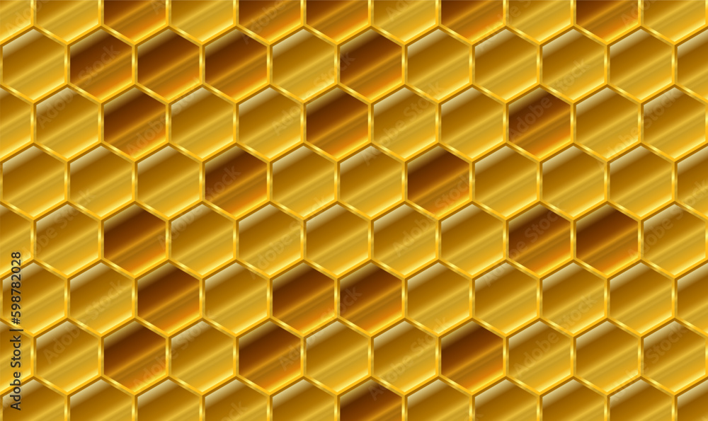 Poster gold metallic honeycombs background pattern vector 3d. polygonal mosaic surface with random golden h