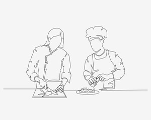 One line continuous design of two brothers cooking together. Minimalist style vector illustration on white background.