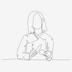 Continuous one line design of young woman peeling onions. Cute cooking art character. Minimalist style vector illustration on white background.