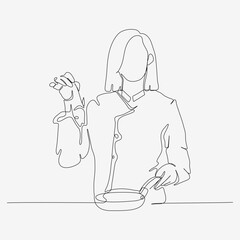 One continuous line design of a woman frying fish. Minimalist style vector illustration on white background.