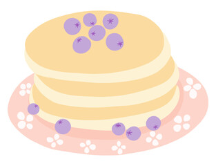 Cartoon illustration of fluffy pancakes topped with blueberries on a small vintage plate