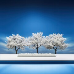 Snow covered trees against blue sky with clouds, 3d render, generative Ai