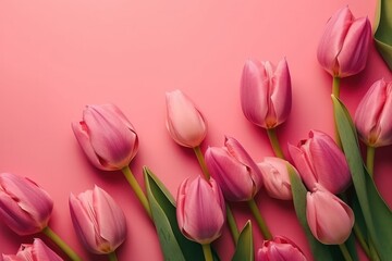 Obraz premium Top view of pink tulips on pink background with copy space, mothers day concept, generative Ai