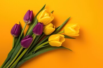 Fototapeta premium Bouquet of yellow and purple tulips on a yellow background, top view, generative Ai
