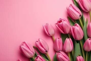 Obraz premium Bouquet of pink tulips on a pink background, top view, generative Ai