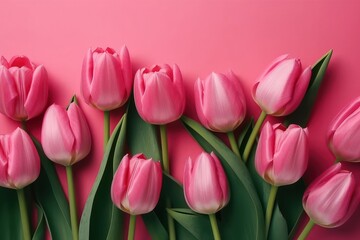 Obraz premium Beautiful tulips on color background, top view. Space for text, generative Ai