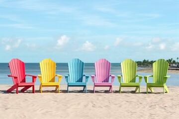 six vibrant color vintage wood beach chairs at the beach