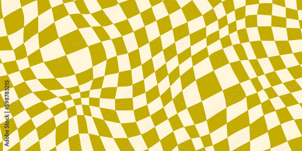 Poster Distorted checkerboard background. Green retro psychedelic checkered wallpaper. Wavy groovy chessboard surface. Trippy twisted geometric pattern. Abstract vector backdrop