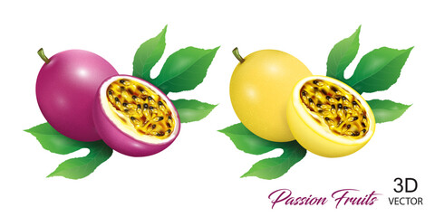 realistic fresh passion fruits vector illustration design template,use for tasty purple and yellow color passion fruits concept.3d design element.