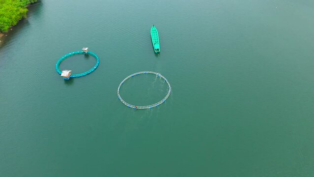 Fisheries on Luzon Island, Philippines. Fish farm, top view. Aerial view of fish ponds for bangus, milkfish. Generative AI