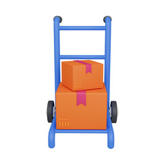 Blue trolley with orange box package 3D rendering icon isolated, perfect for commercial business presentation
