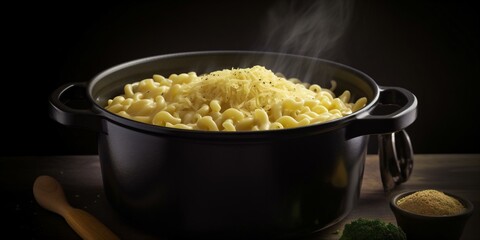 a pot filled with macaroni and cheese next to a wooden spoon