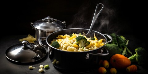 a pot filled with pasta and broccoli on top of a table