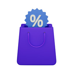 Purple shopping bag with blue discount badge 3D rendering icon isolated, perfect for Ecommerce business presentation