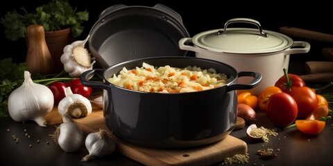 a pot of food sitting on top of a wooden cutting board