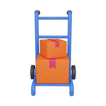 Blue trolley with orange box package 3D rendering icon isolated, perfect for commercial business presentation