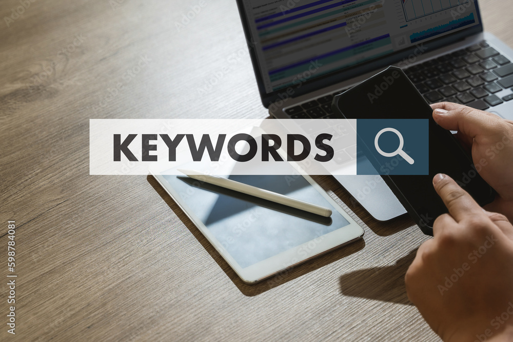 Poster businessmanman search website for content keywords on laptop browse in office optimize seo engine