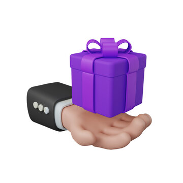 Hand holding a purple gift box 3D rendering icon isolated, perfect for Ecommerce business presentation