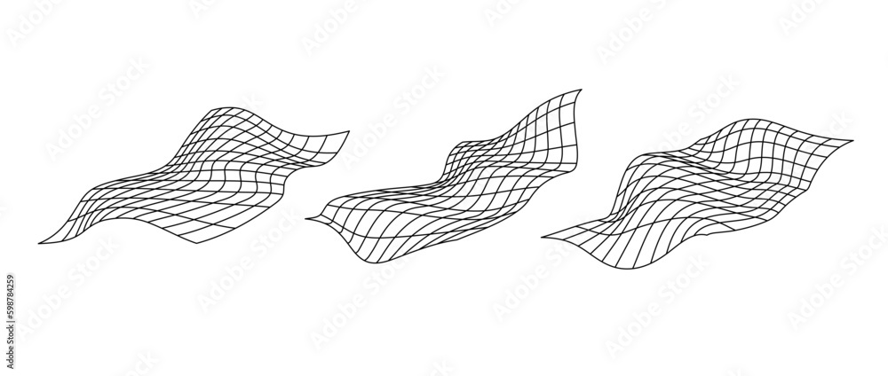 Poster Distorted perspective grid pack. Glitch rectangle plane set. Wavy futuristic elements bundle. Ripple wireframes. Vector abstract background collection.