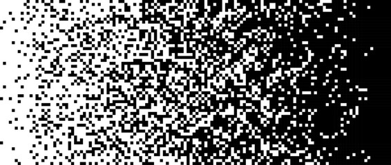 Pixelated halftone gradient noise. Fading pixel texture. Dissolving black and white wallpaper. Vector horizontal background 