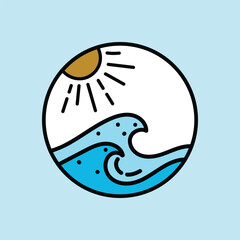 Vector flat illustration surfing theme badge design. For t-shirt prints  posters  stickers and other uses.
