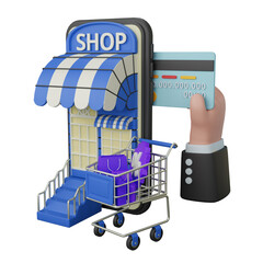 Blue Mobile Shopping illustration with credit card rendering icon isolated, perfect for ecommerce business
