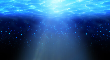 暗い海の底キラキラと太陽が輝る海面、表面、湧き上がる泡が見える水中の背景