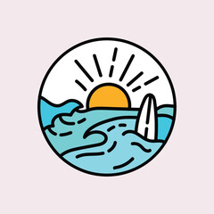 Vector flat illustration surfing theme badge design. For t-shirt prints  posters  stickers and other uses.