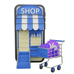 Mobile Shopping Illustration with shopping cart 3D rendering icon isolated, perfect for ecommerce business