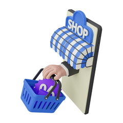 Mobile shopping illustration in blue colour 3D rendering icon isolated, perfect for ecommerce business