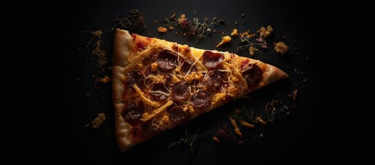 Tasty pepperoni pizza and cooking ingredients tomatoes basil on black concrete background. Top view of hot pepperoni pizza. With copy space for text. Flat lay. Banner. Generative Ai.