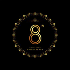 8th anniversary logo with golden number for celebration event, invitation, wedding, greeting card, banner, poster, flyer. Ornament vector design