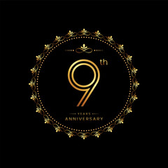 Naklejka premium 9th anniversary logo with golden number for celebration event, invitation, wedding, greeting card, banner, poster, flyer. Ornament vector design