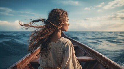 Fototapeta premium Rear view of young woman sitting on a wooden boat. Generative AI.