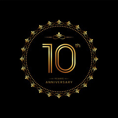 Fototapeta premium 10th anniversary logo with golden number for celebration event, invitation, wedding, greeting card, banner, poster, flyer. Ornament vector design
