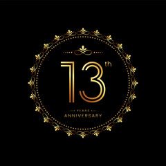 13th anniversary logo with golden number for celebration event, invitation, wedding, greeting card, banner, poster, flyer. Ornament vector design