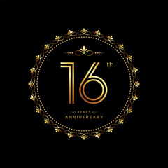 16th anniversary logo with golden number for celebration event, invitation, wedding, greeting card, banner, poster, flyer. Ornament vector design