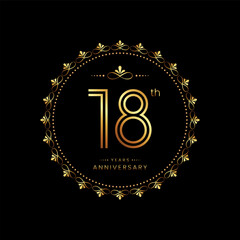 18th anniversary logo with golden number for celebration event, invitation, wedding, greeting card, banner, poster, flyer. Ornament vector design