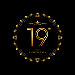 19th anniversary logo with golden number for celebration event, invitation, wedding, greeting card, banner, poster, flyer. Ornament vector design