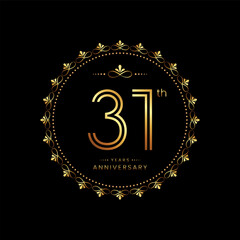 31th anniversary logo with golden number for celebration event, invitation, wedding, greeting card, banner, poster, flyer. Ornament vector design