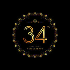 Naklejka premium 34th anniversary logo with golden number for celebration event, invitation, wedding, greeting card, banner, poster, flyer. Ornament vector design