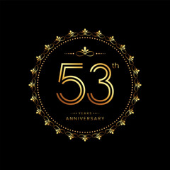 53th anniversary logo with golden number for celebration event, invitation, wedding, greeting card, banner, poster, flyer. Ornament vector design