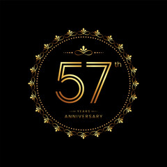 57th anniversary logo with golden number for celebration event, invitation, wedding, greeting card, banner, poster, flyer. Ornament vector design