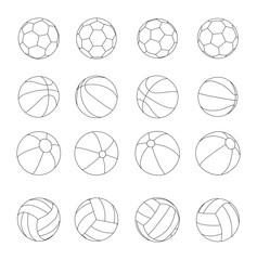 set of balls, soccer, volleyball, basketball, beach ball vector line art icons with adjustable strokes 