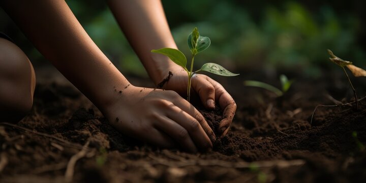 Human hand planting a tree, World environment day concept. Generative AI