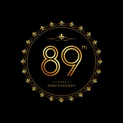 89th anniversary logo with golden number for celebration event, invitation, wedding, greeting card, banner, poster, flyer. Ornament vector design