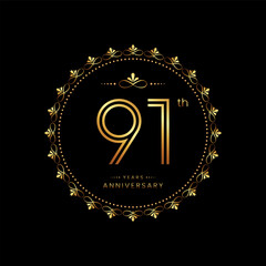 Naklejka premium 91th anniversary logo with golden number for celebration event, invitation, wedding, greeting card, banner, poster, flyer. Ornament vector design